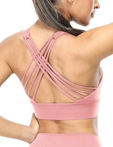 icyzone Damen Sport-BH Gepolstert Ohne Bügel Yoga Bra Gekreuzt Rücken Sport Gym Fitness BH (Light Pink, S)