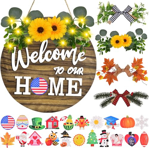 IDATOO Cartello intercambiabile con scritta Welcome Home, decorazione per porta d'ingresso con 4 ghirlande stagionali e 21 icone intercambiabili, in legno rustico, da appendere al portico, per