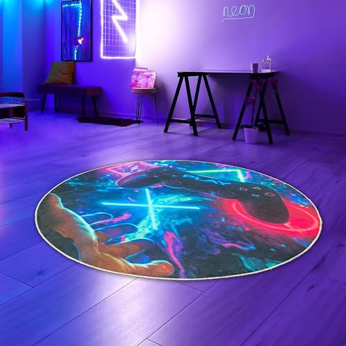 Teppich-Traum runder Gaming-Teppich auffällig lebendig-bunten neon-farbigen Symbolen schwebendem Controller 120 cm Rund