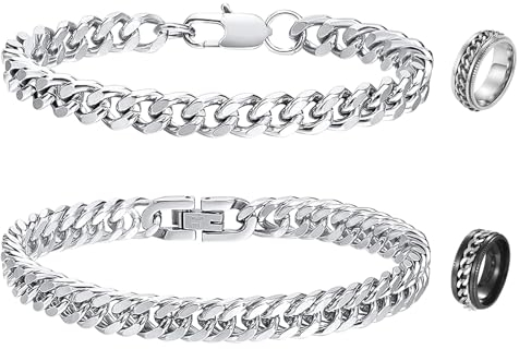 2 Pcs Armband Herren Silber Edelstahl Armband Herren Armband Herren Edelstahl Silber Armband Männer Armkette Herren Silber Panzerarmband Herren Silber Armband Kette Herren Mit 2 Die Ringe