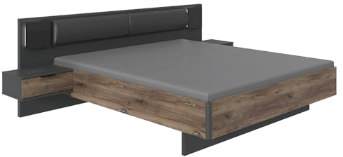 Lomadox Bettanlage Bett Doppelbett 180cm mit Nachtschränken, Beleuchtung und Polsterkopfteil, Graphit und Eiche