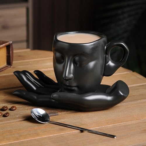 QBMYCN Ceramic Coffee Mug Sets,Bring a spoon and palm modeling saucers,Personalised Ceramic Coffee Cup & Saucer Sets for Office and Home,9 oz/260 ml. (Black)
