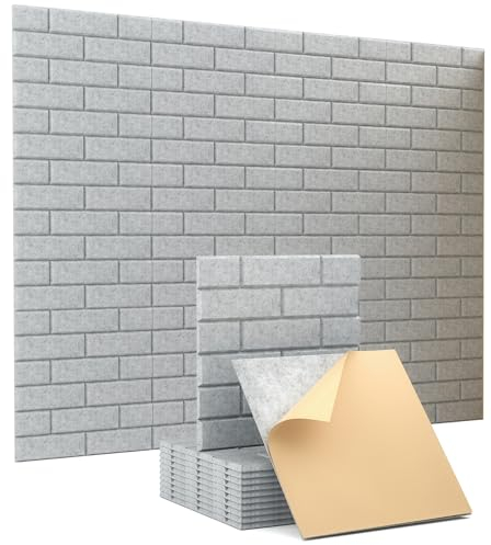 Soundsbay Lot de 12 panneaux acoustiques autocollants pour isolation phonique murale haute densité type brique pour traitement acoustique et décoration murale 30 x 30 x 0,9 cm (gris)