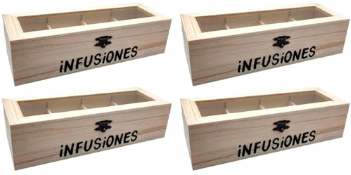 Acan Tradineur - Pack de 4 Cajas de madera Infusiones con tapa de cristal, Caja de almacenamiento decorativa, madera natural, guardar té, manzanilla, manualidades, regalo - 25 x 9,5 x 6,5 cm