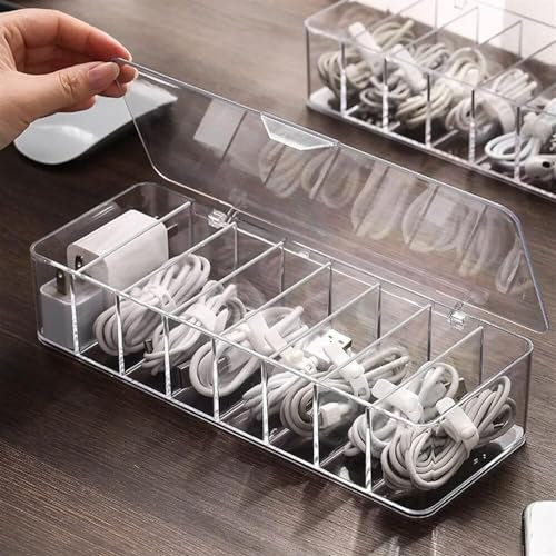 KHiry Cable Management Box, Cable Organizer Socket Organizer Transparent Power Cord Organizer With 8 Compartments Multi-Grid Data Cable Storage Case Storage Box For Chargers With 10 Cable Ties