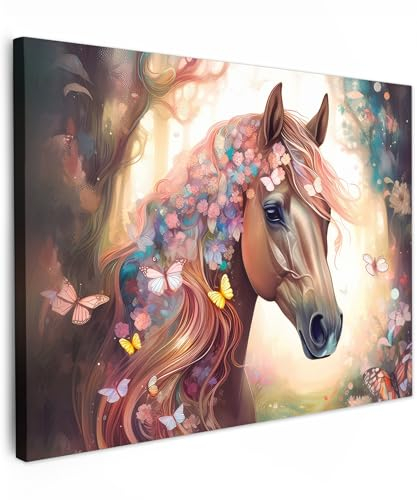 MuchoWow© Leinwände 40x30 cm Wall Decoration Bilder Kinderzimmer Mädchen Pictures Canvas Painting Wanddekoration Jugendzimmer Deko Mädchenzimmer Pferde - Natur - Blumen - Schmetterling