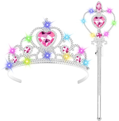 HOTUT Prinzessin Verkleiden,Prinzessin Zubehör Set | Eiskönigin Krone und Zauberstab mit Licht,Prinzessin Dress Up,Mädchen Dress up Zubehör für Party, Cosplay（Magentarosa）