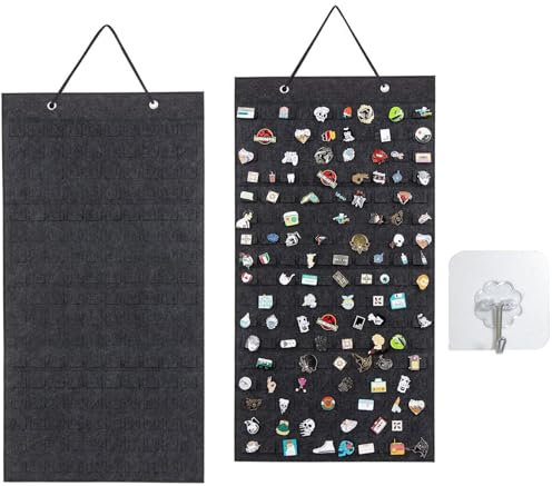 Pin Badge Display, Wall Hanging Felt Cloth Pin Display with Hooks, 31x55cm/12.2x21.7in Pinfolio, Nordic Style Large Capacity Pin Display Pennant Banner for Women or Men(96 Slots, Black)