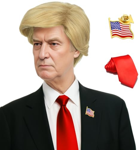 Bettecos Blonde Milliardär-Perücke für Präsidentschaftskostüm, lustige Promi-Perücken mit roter Krawatte und Flaggennadel für Halloween-Party (Erwachsene)