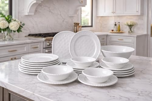 Service de Table 26 Pièces en Porcelaine 6 Personnes |6 Plates, 6 Creuses, 6 Assiettes à Dessert, 6 Bols à Céréales, 1 Plat oval et 1 Saladier Passe au Lave-vaisselle Blanc Perle