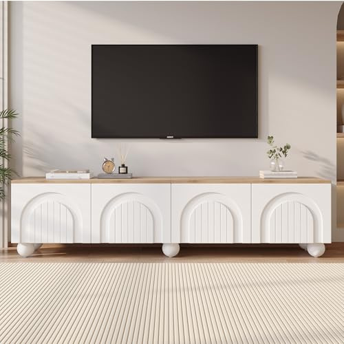 BTM 180*40*45cm TV schrank mit 4 Schränken,TV stand und Fernsehschrank mit 6 Kugelfuß Metallbeine, Lowboard und Fernsehtisch,TV-Board und TV-Kommode Geeignet für Fernseher um 80 Zoll, Holzfarbe+Weiß