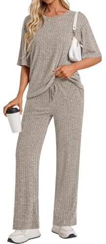 Addtoo Womens 2 Piece Lounge Sets 2026 Causal Short Sleeve Ribbed Knit Camel Pajamas with Pockets L
