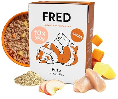 FRED Junior Hundefutter Pute mit Kartoffeln 10 x 390 g I Monoprotein Nassfutter mit Muskelfleisch I Schonend gegart & gut verträglich I Mit Karotten, Quinoa & Apfel I Alleinfuttermittel für Welpen