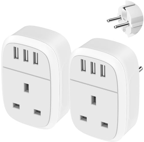 UK to European Adapter Plug,2Pack UK to EU Euro Europe Travel Adaptor with 3 USB Port, Grounded Schuko Charger for Germany France Spain Iceland Greece Poland Netherlands Portugal Austria (Type E/F