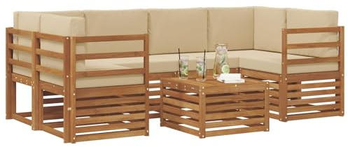 vidaXL Sofagarnituren 7 pcs Natur und Beige Massivholz Akazie, Garten-Sofa-Eckgarnitur, strapazierfähiges Lounge-Möbel, modernes Patio-Set für chilliges Terrassenleben