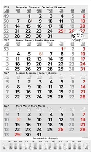 4-Monats-Planer Comfort Recyclingpapier 2027: 14 Monate (Dezember 2026 - Januar 2028), mit Ferienterminen und Feiertagen. Hochformat: 29,7 x 97,5 cm.