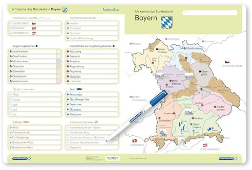 Ich kenne das Bundesland Bayern- Lerntafel mit Stift: wiederbeschreibbare Lernvorlage mit Selbstkontrolle zum Aufklappen