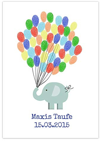 Papierdrachen Fingerabdruck Gästebuch für Jungen - DIN A4 Elefant blau - personalisiert mit Namen, Datum und Taufspruch für Deine Taufe, Geburtstagsfeier und Babyparty - inklusive Stempelkissen