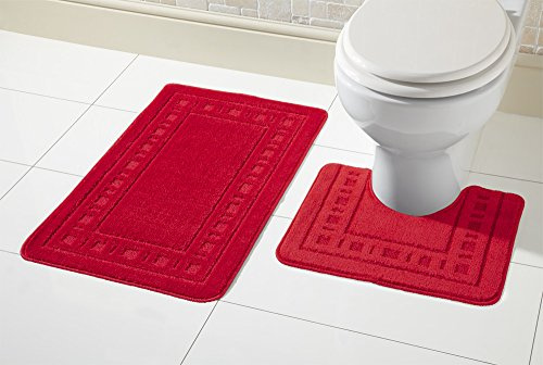 De Lavish Bath Mat Set 2 Piece Non Slip Rubber Pedestal and Bath Mat Set Toilet Miami Bathroom Rug New, Red
