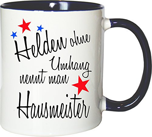 Mister Merchandise Becher Tasse Helden ohne Umhang nennt Man Hausmeister Kaffee Kaffeetasse liebevoll Bedruckt Beruf Job Geschenk Weiß-Blau