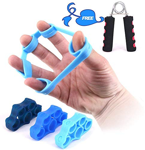 Kindax 3Pcs Finger Exerciser Elastici per L'allenamento delle Dita Plus 1 Hand Grip Pinza Mano Kit Perfetto per Rinforzare Dita, Polso e Avambraccio