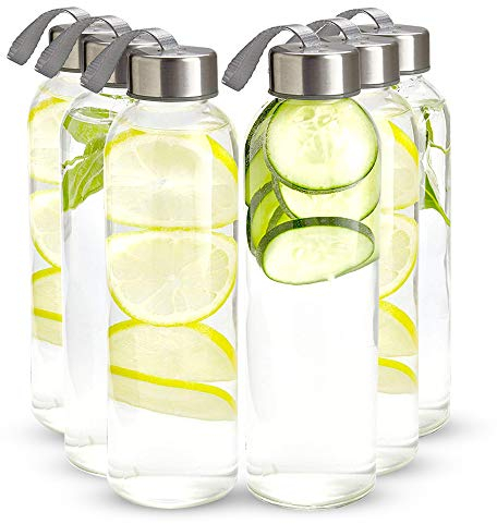 Kitchen Lux 16 Ounce Glass Water Bottles, Reusable Water Bottles with Airtight, Pack of 6, Stainless Steel Lids Carrying Strap And Nylon Water Bottle Protective Sleeves for Hot Or Cold Drinks