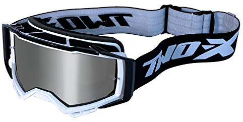 TWO-X Cross-Brille - Motocross-Brille mit verspiegeltem silbernen Glas - Brille - Enduro & Downhill - Schutz-Brille - Atom - Blizzard-Weiß-Schwarz