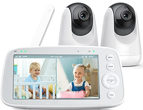 Babyphone mit teilbarem Bildschirm, 5 720P mit 2 Kameras, Audio und Video Überwachung, Schwenken Neigen Zoom, 300m Reichweite, 4500mAh Akku, Infrarot Nachtsicht und Wärmemonitor