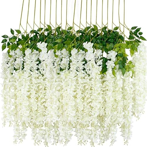 12Pcs Artificial Wisteria Flowers 43 inch/Piece White Dense Artificial Fake Wisteria Vine Ratta Hanging Garland Silk Flowers String Home Party Wedding Decor(White-Dense）