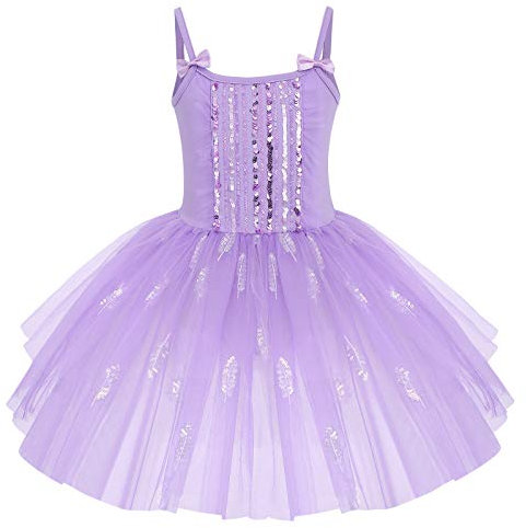 Robe Ballet Fille Tutu Danse Classique sans Manches Bretelles Spaghetti avec N�UD Papillon Tulle Paillettes Plume Justaucorps Gymnastique Costume Ballerine Princesse Une Pi�ce Violet 7-8 Ans