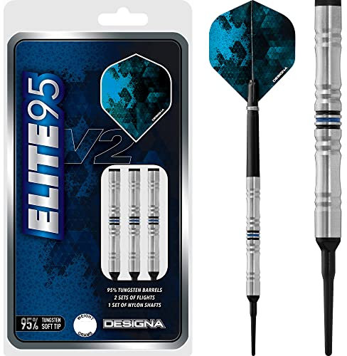 DESIGNA DARTS Elite 95 V2 | 95% Wolfram Barrel Soft Tip Dart-Set mit Schäften und Flights, M1, 19g (D9851)