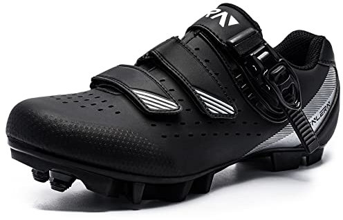 Fenlern MTB Schuhe Herren Harte Sohle Fahrradschuhe Mountainbike Schuhe Radschuhe 2 Loch Cleat System mit Schnalle(Schwarz Weiß,43 EU)