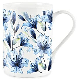 Purely Home Blue Lily Watercolour Glass Flowers - Bone China Style White Mug Coffee/Tea Present Gift