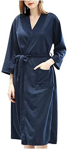 Cockjun Damen-Nachtwäsche Solid Bandage Robe Bademantel Kleid Pyjama Lange Taschen Bund + Gürtel Das gleiche Waffel-Strick-Nachthemd Nachthemd Bademantel + Gürtel Marineblau M (80-100 Catties)