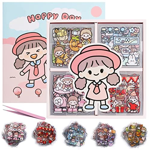 Niedliche Scrapbook Stickers 100 Blätter Kawaii Scrapbook Aufkleber, Süße Cartoon Mädchen Aufkleber, Cute Transparent Aufkleber für DIY Scrapbook Notizbuch Fotoalbum und Kalender