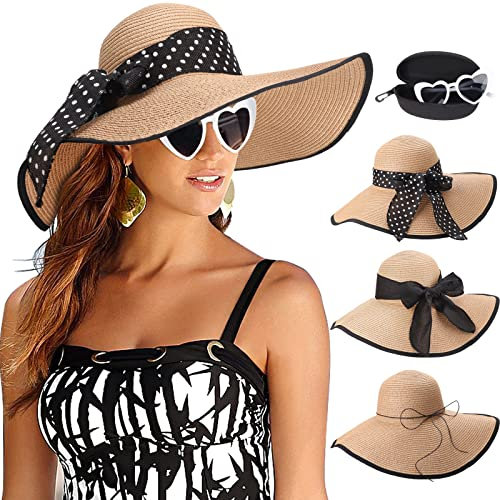 DRESHOW Femme Capeline Chapeau de Paille Chapeau à Large Bord Casquettes Anti-Soleil Respirant Pliable Rouleau Plage Cap Chapeau de Soleil UPF 50+