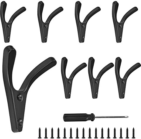 Kleemeiero 8Pièces Crochet Manteau Mural Crochets Doubles Porte Manteau Crochet de Porte Métal Crochet Porte Manteau Patère Porte Manteau Murale avec Vis et Tournevis pour Entrée Chambre, Noir