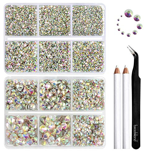 Beadsland 8300PCS Flatback Rhinestones, AB Crystal Rhinestone Nail Gems Round Crystal Rhinestones for Crafts, Mixed 10 Sizes with Wax Pencil and Tweezer Kit, SS3-SS30, Crystal AB