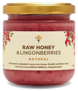 Earthbreath Miele crudo con mirtilli rossi - 250g - confetture con molteplici gusti - olivello spinoso - zenzero - fragole - sorbo - ribes nero - mirtilli rossi - senza additivi, senza zucchero