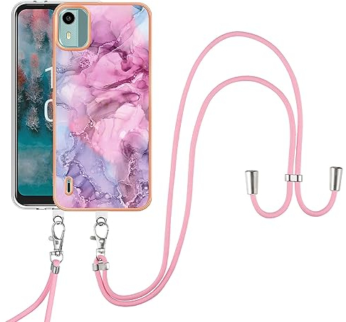 SNCLET Cover für Nokia C12 Handyhülle mit Umhängeband Handykette Case für Nokia C12 Lanyard Hülle Necklace Premium TPU Edges PC Hülle mit Band Protective Case für Nokia C12,Lila Marmor
