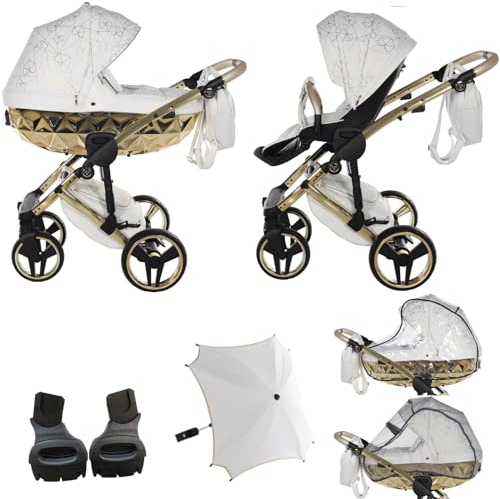 Neuheit! Original Junama Diamond Heart V3 Modulare Systeme Kombikinderwagen 2in1 + Original Adapter Exclusive Prams (01 weiß gold)