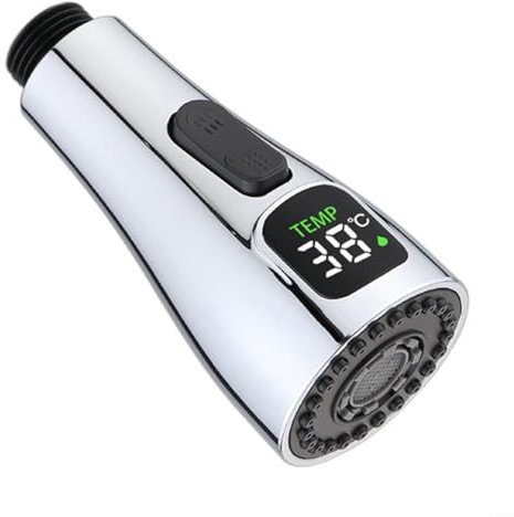 HEIBTENY Wasserhahn Aufsatz, LED Pull Out Küchenarmatur Brausekopf Ersatz Küchenbrause Spray Düse Kopf, Waschbecken Aufsatz G1/2 Gewinde, Wasserbetriebener Stromgenerator(Chrome)