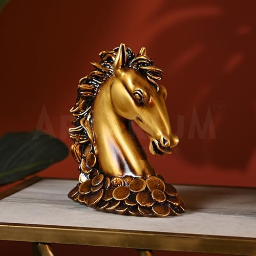 Artarium Paardenkop met munten voor thuis als tafeldecoratie | Decoratief paardenkopstuk Van hars | Feng Shui-Beeld voor woonkamerdecoratie | Paardenbeeld