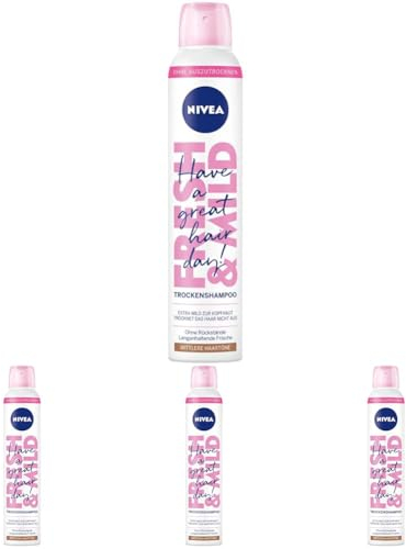 NIVEA Trockenshampoo Fresh & Mild (200 ml), extra mildes Trockenshampoo Spray für mittlere Haartöne mit angenehmem Duft, Trockenhaarshampoo für sofortige Frische (Packung mit 4)