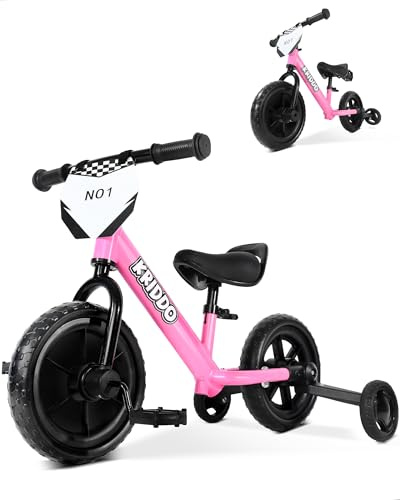 KRIDDO 2-in-1 Kinder Dreirad und Laufrad ab 2 Jahren, mit abnehmbare Pedalen, einklappbare Stützräder und individualisierbarem Schild, Fahrspaß-Spielzeug für 18 Monate bis 3 Jahre, Rosa