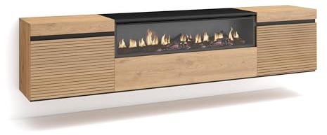 Skraut Home | TV-Schrank, Lowboard | für Wohnzimmer und Esszimmer | 200x45x35cm | Für TV-Geräte bis zu 80 | Elektrokamin. | Hängend | Moderner Stil | Eiche
