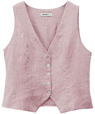 Amazhiyu Gilet de costume en lin pour femme - Sans manches - Col en V - Court - Boutonnière - Coupe ajustée - Bretelles réglables, Rose, S