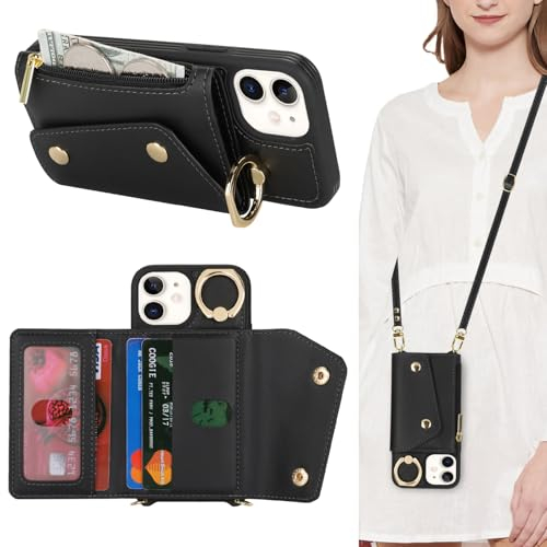 Lipvina Hülle für iPhone 12 Mini Hülle mit Band Kartenhalter handyhülle Hülle für iPhone 12 Mini mit Reißverschluss Band Ring Ständer Case für Frauen - Schwarz