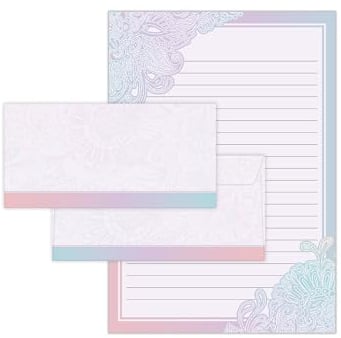 Briefpapier-Set Ornament Farbverlauf Briefblock mit Umschlag für Kinder Erwachsene Geschenk (Block A4 mit 25 Blätter + 15 Umschläge DIN Lang)