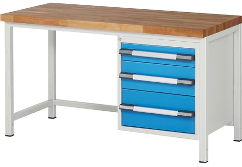 eurokraft | Werkbank | Gestellbauweise Serie 8000 | 3 Schubladen: 1 x 120 | 1 x 180 | 1 x 240 mm | BxT 1500 x 700 mm